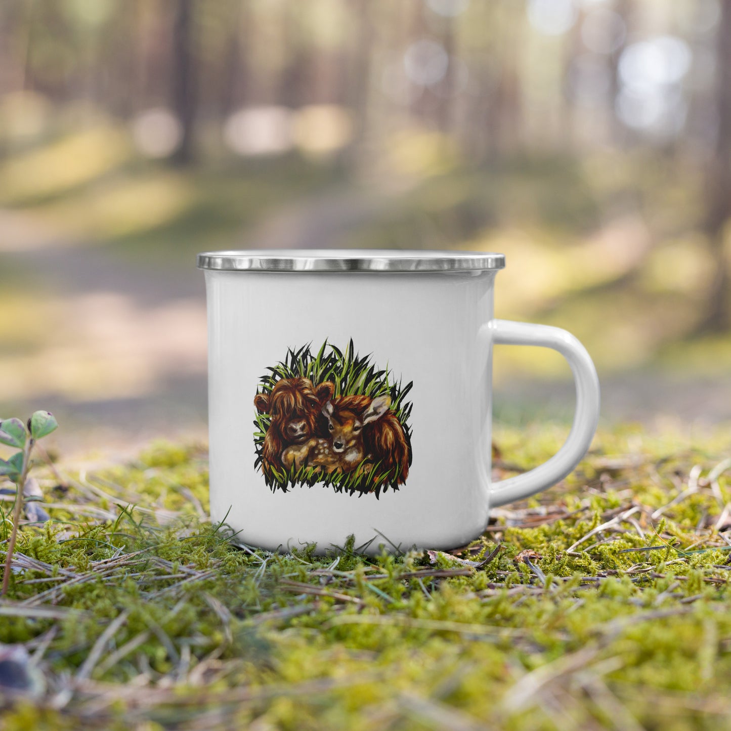 Highland Cow Calf and Deer Fawn enamel mug