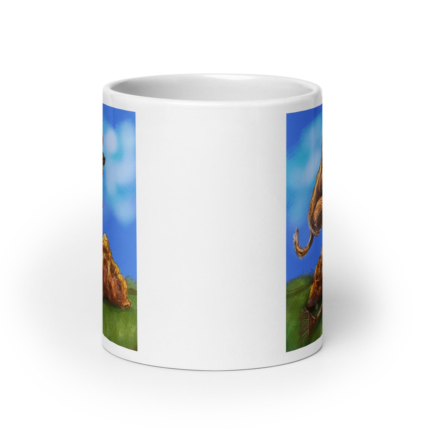 Highland Cow Jumping into a Pile of Leaves White glossy mug