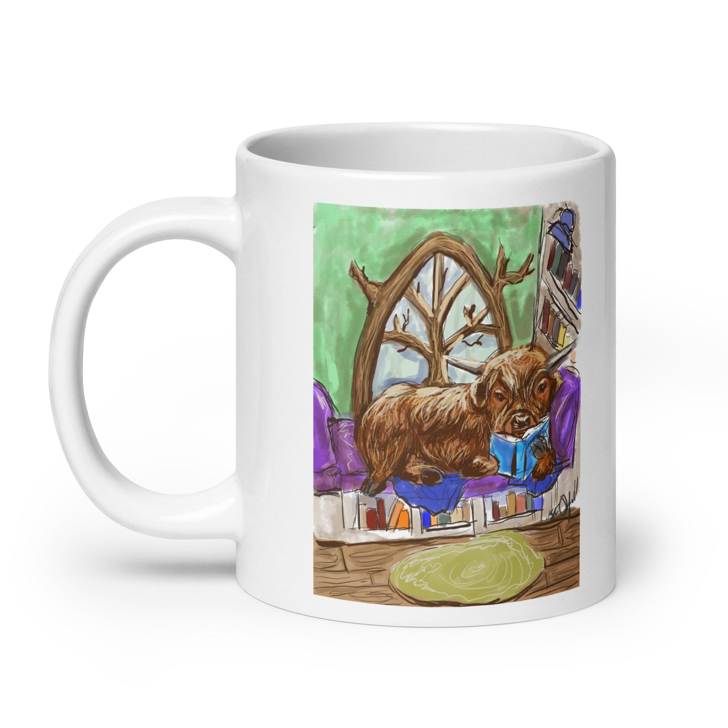Highland Cow Reading in a book nook White glossy mug