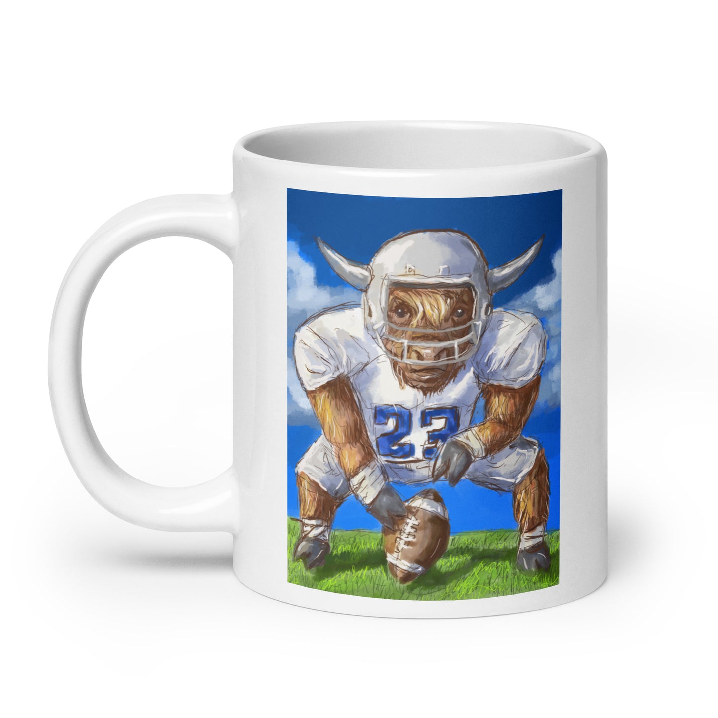 Highland Cow Playing Football White glossy mug