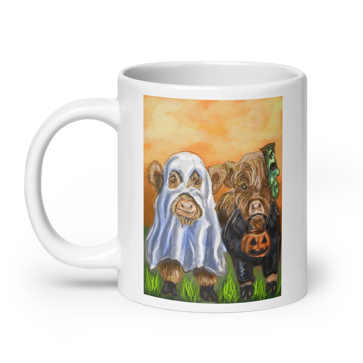 Highland Cows in Halloween Costumes White glossy mug