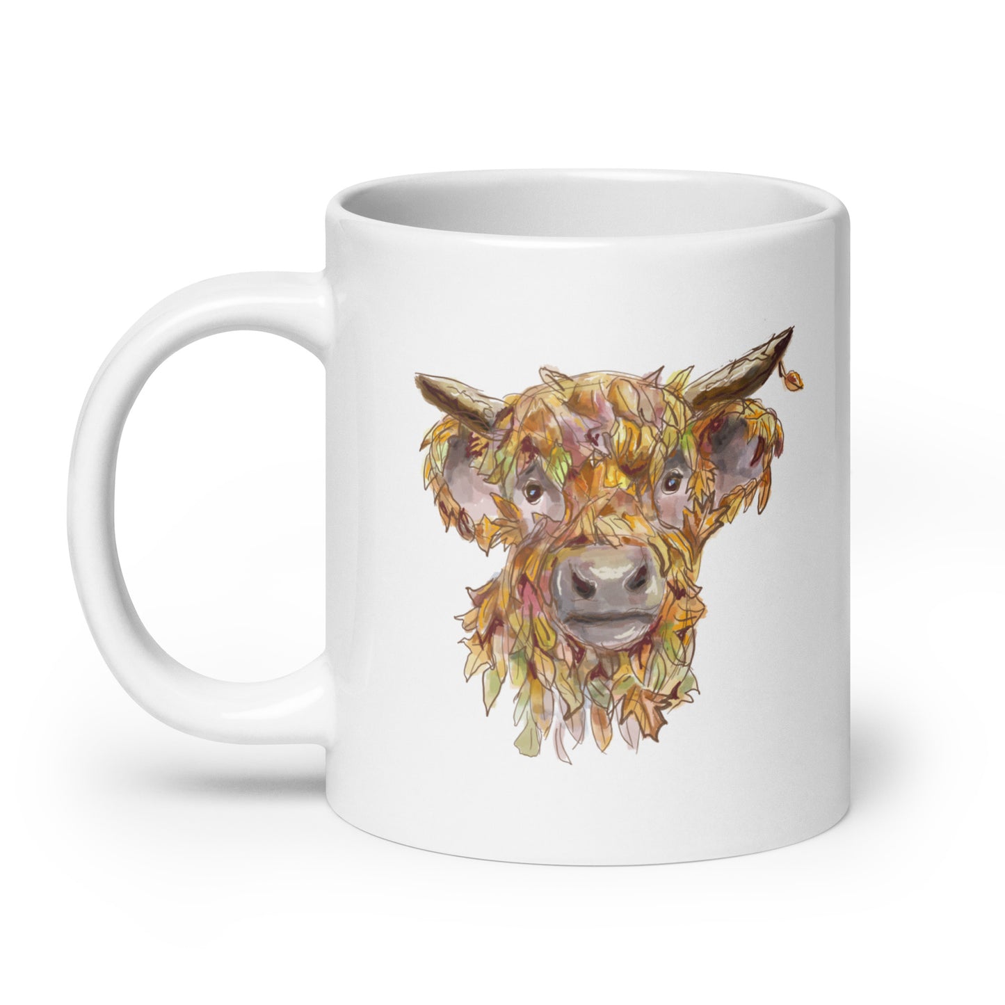 Highland Cow with Changing Leaves White glossy mug