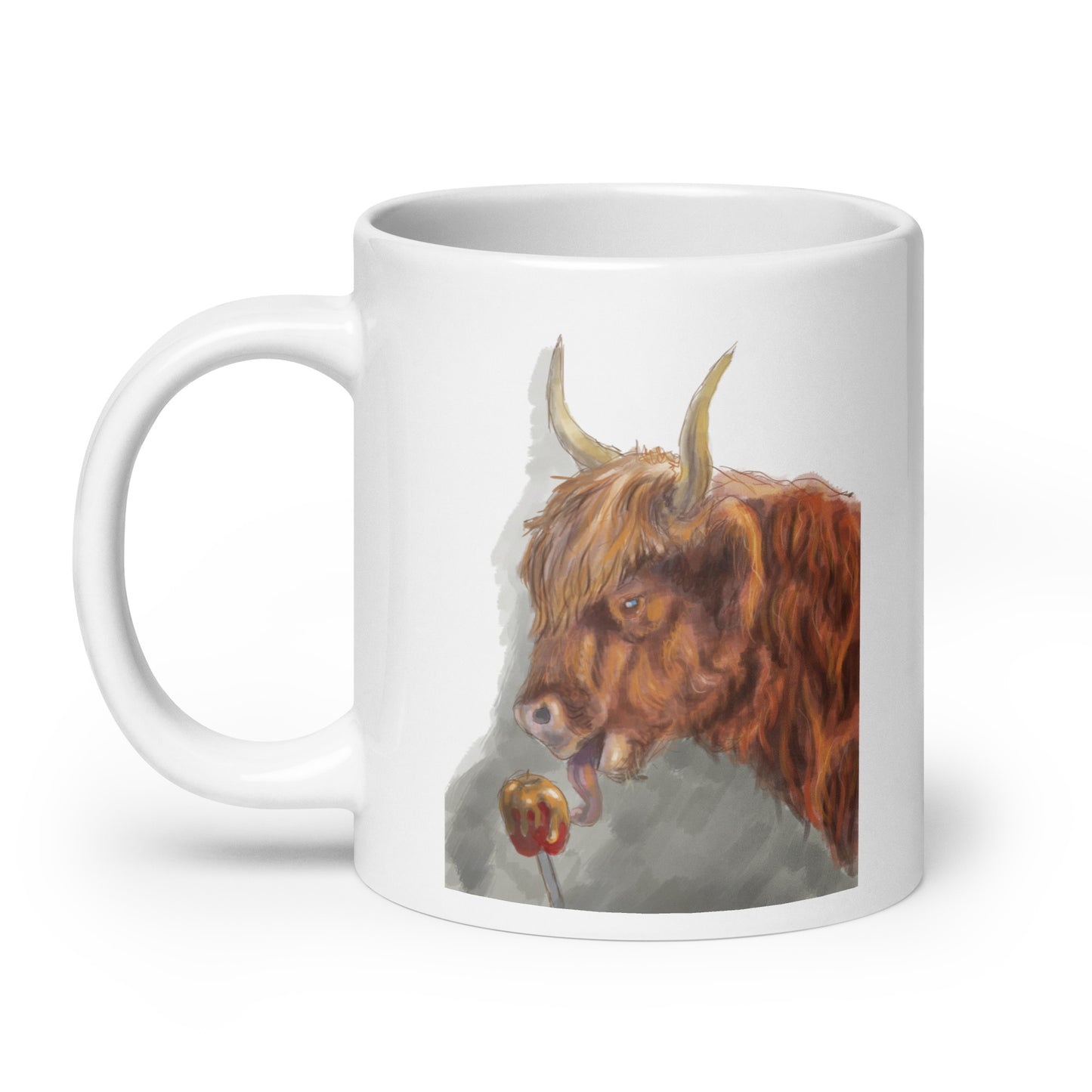 Highland cow eating Candied Apple White glossy mug