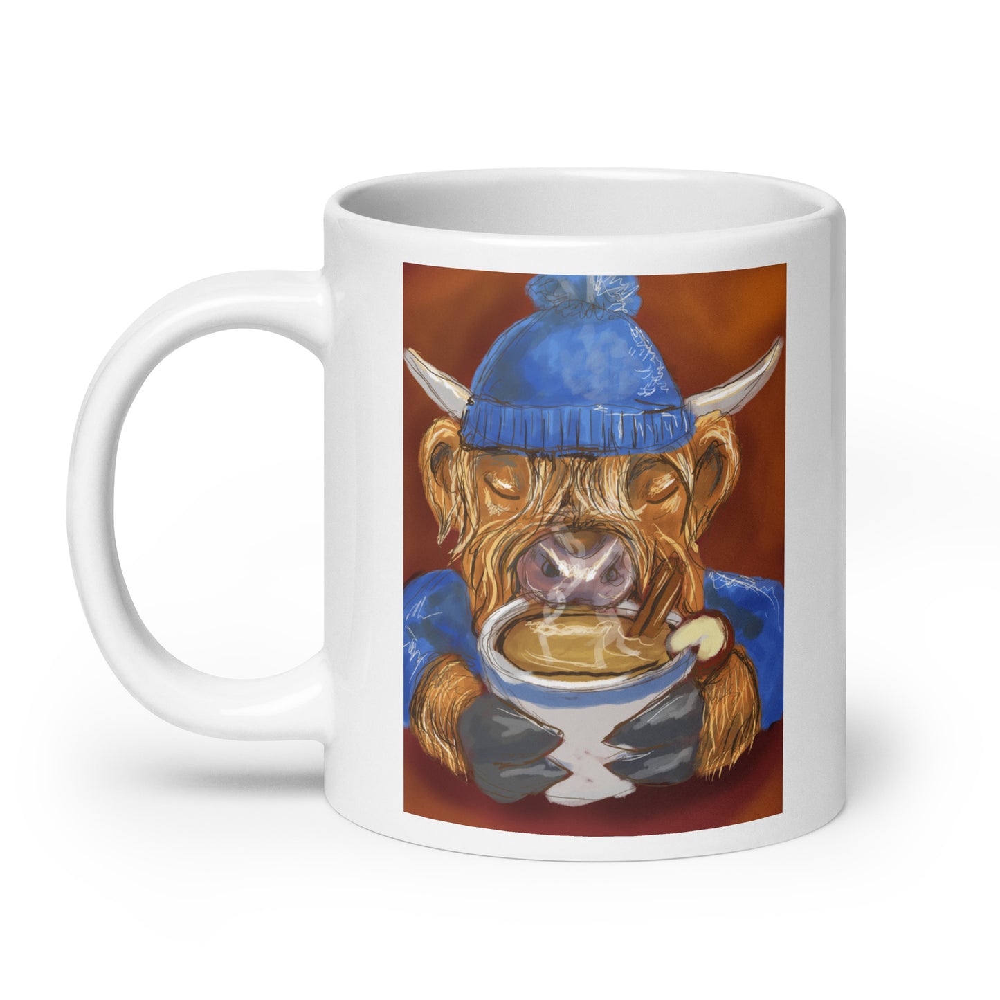 Highland Cow sipping Cider White glossy mug