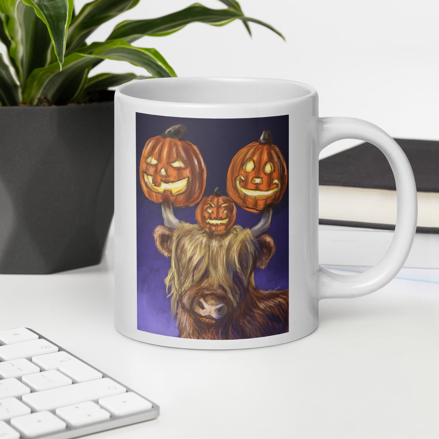 Highland cow Jack O lantern White glossy mug