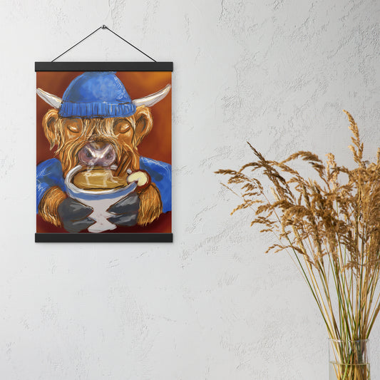Highland cow enjoying cider Poster with hangers