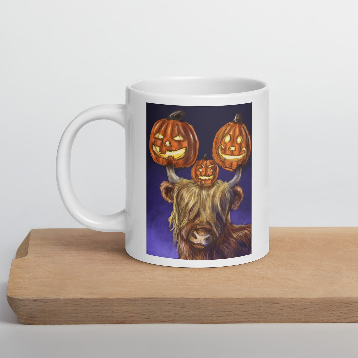 Highland cow Jack O lantern White glossy mug