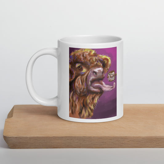Highland Cow eating Roasted Marshmallow White glossy mug