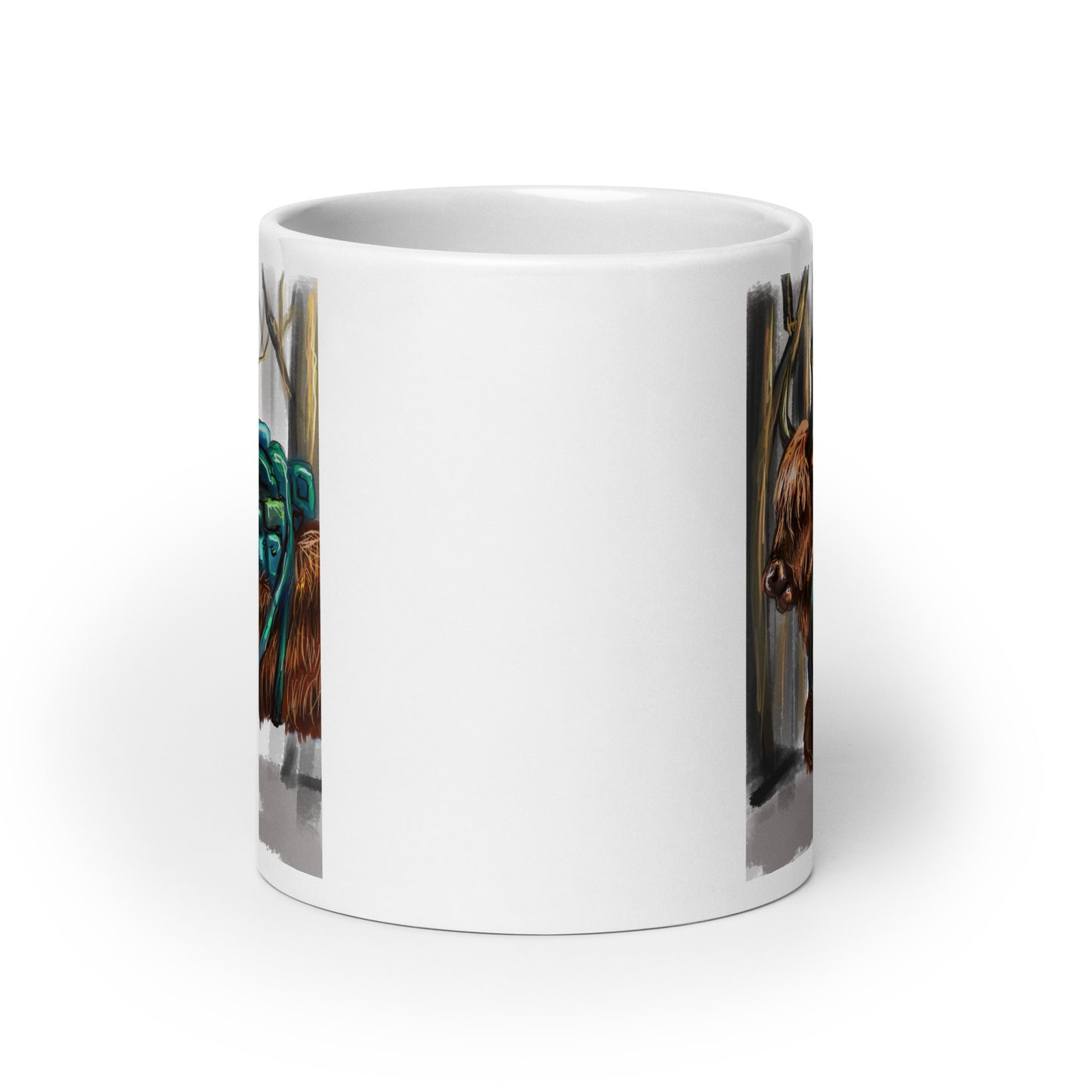 Highland Cow Hiking with Backpack White glossy mug
