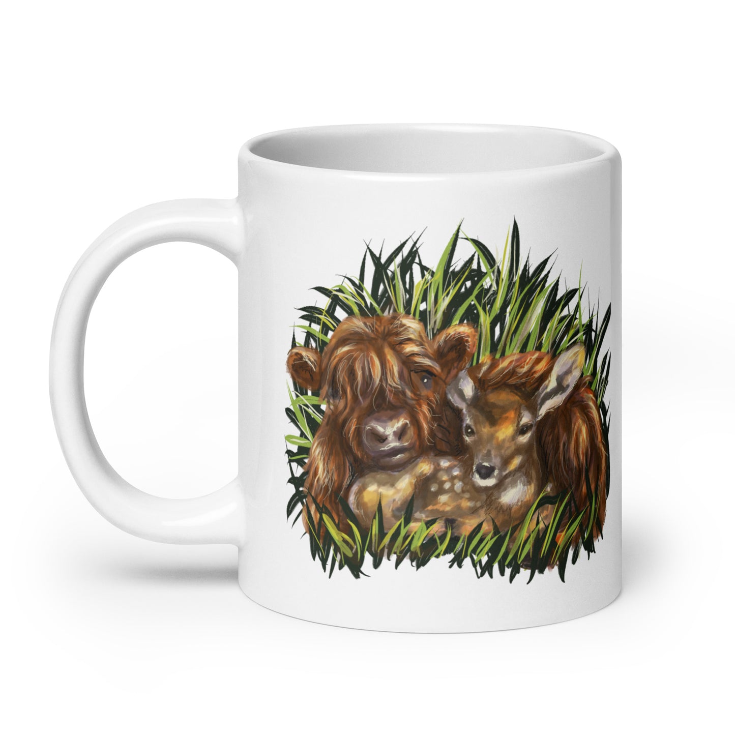 20 oz Highland Calf and Deer Fawn White glossy mug
