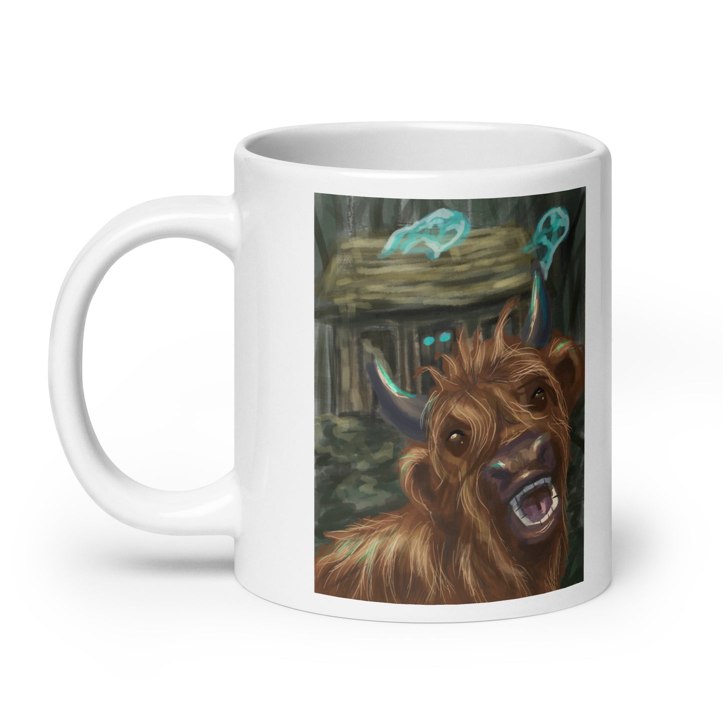 Haunted Shack and screaming Highland cow White glossy mug