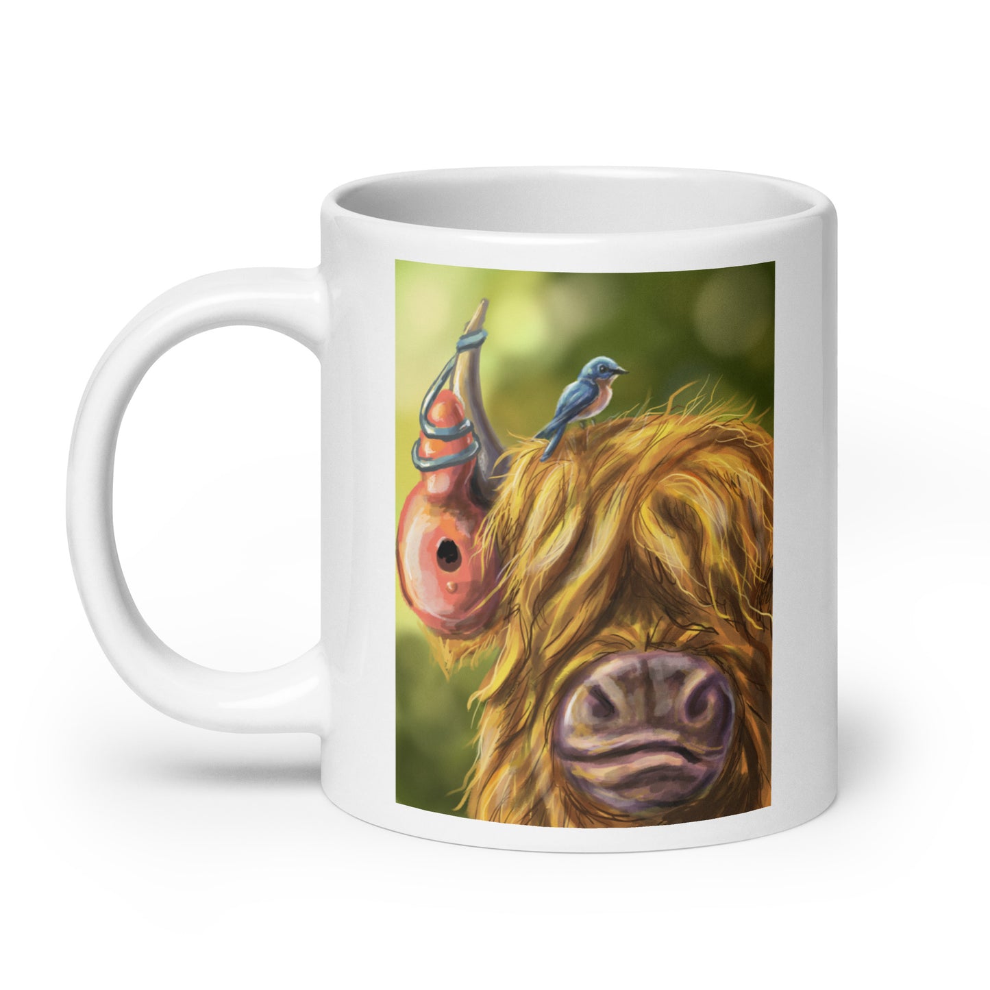 Highland Cow with Gourd and Eastern Bluebird White glossy mug