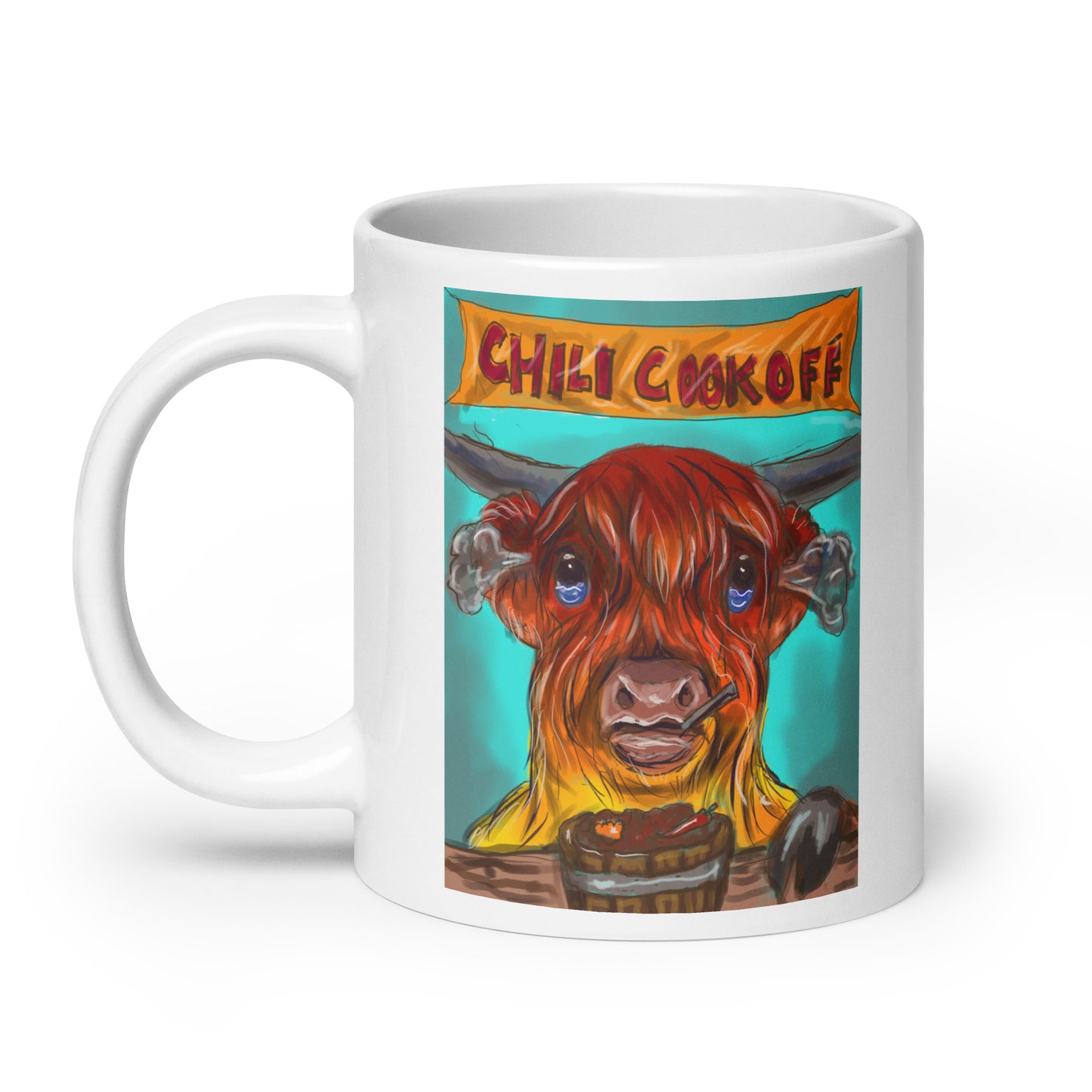 Highland Cow at a Chili Cook Off White glossy mug