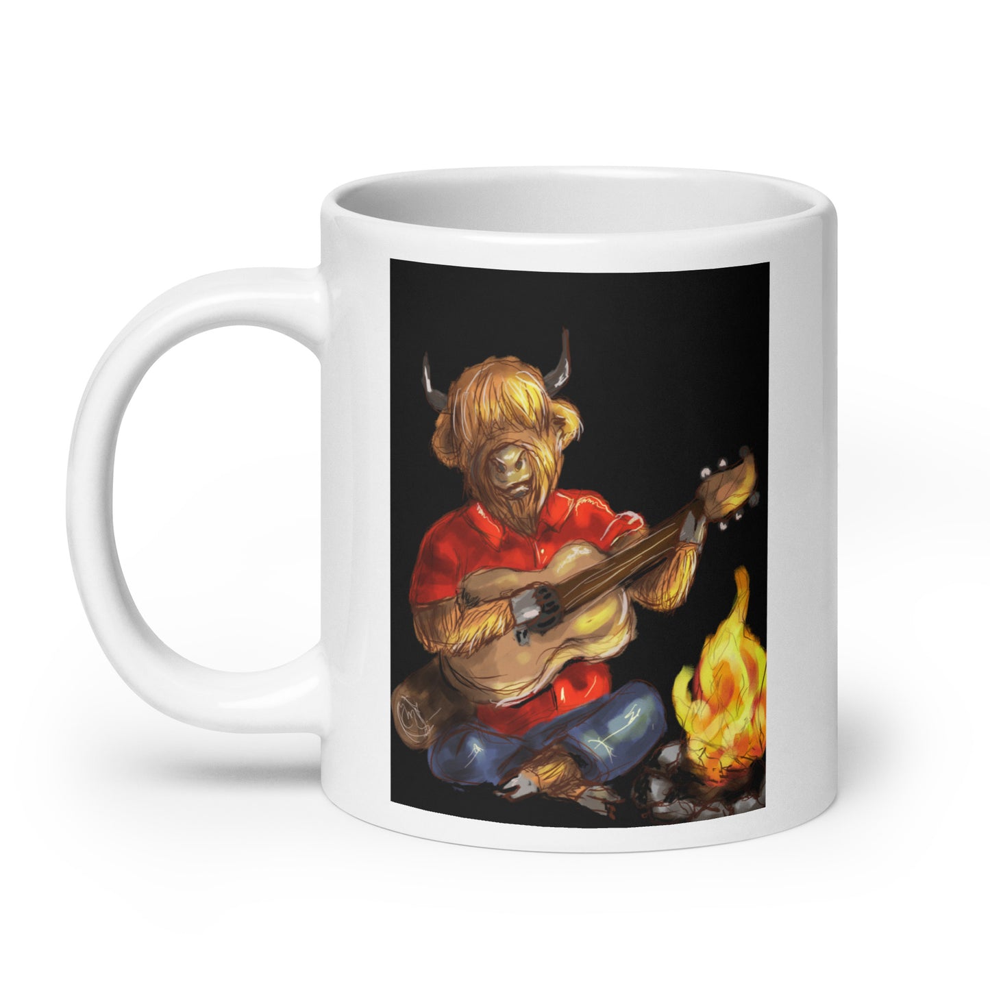 Highland Cow playing Guitar by Campfire White glossy mug