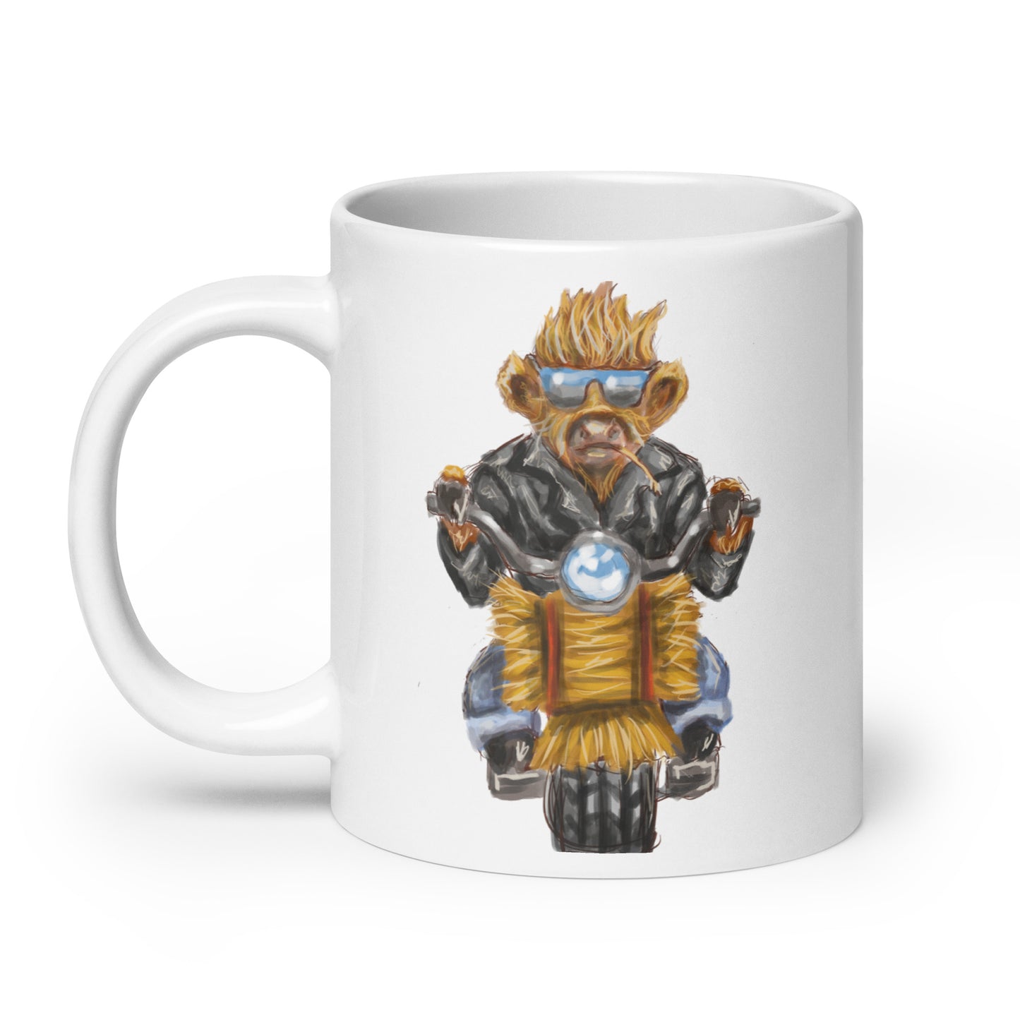 Highland Cow riding Motorcycle White glossy mug