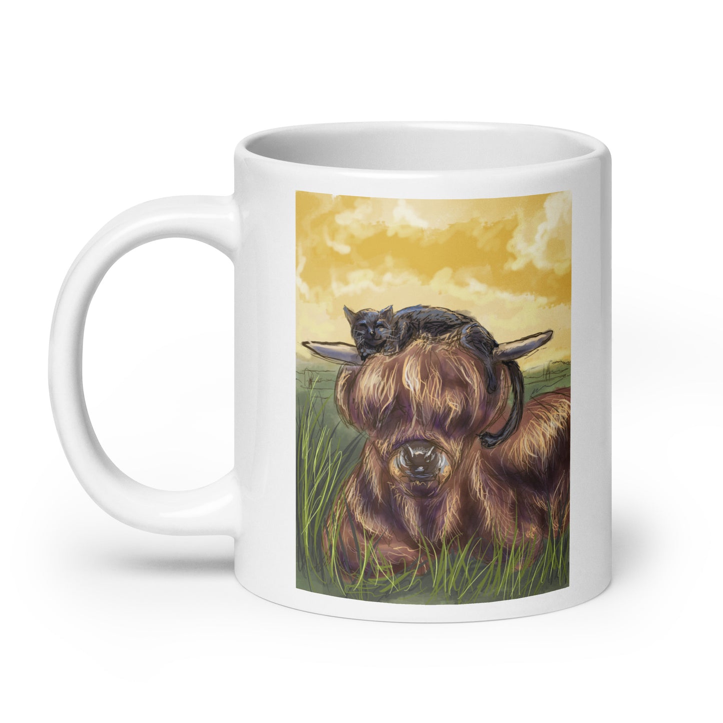 Highland Cow and Black Cat White glossy mug