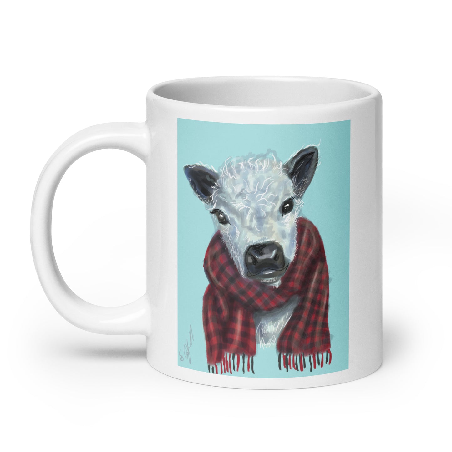 Highland Cow with Flannel Scarf White glossy mug