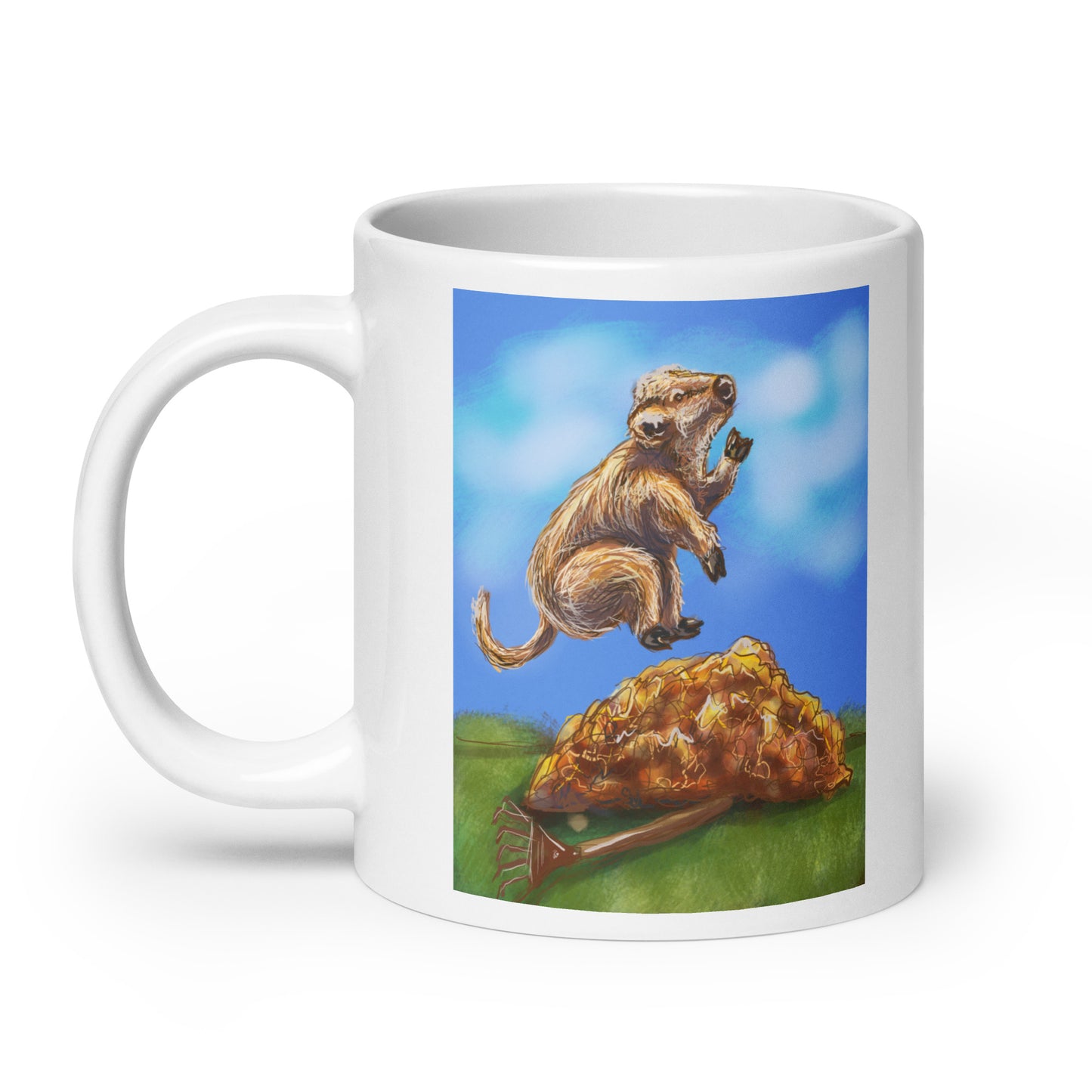 Highland Cow Jumping into a Pile of Leaves White glossy mug
