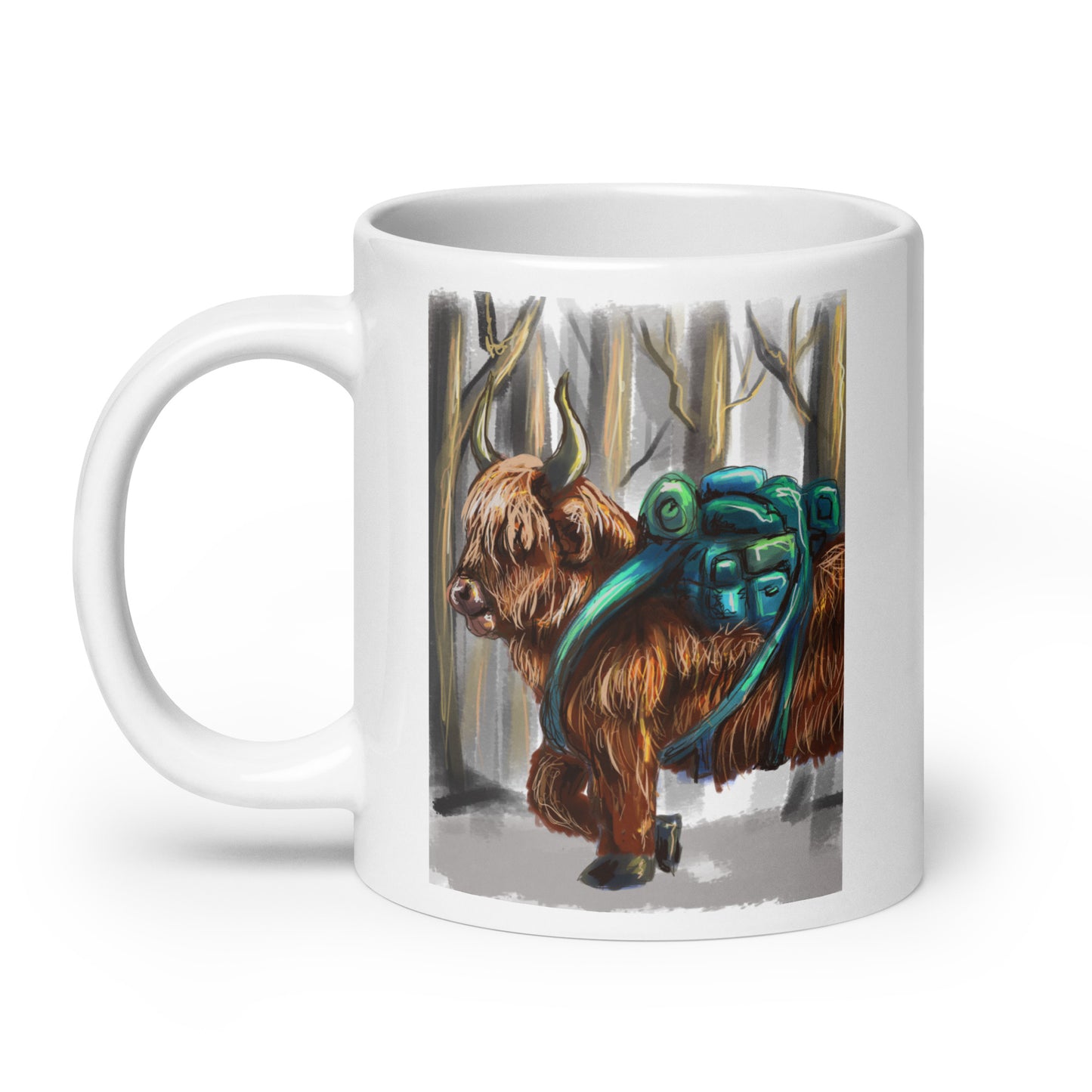 Highland Cow Hiking with Backpack White glossy mug
