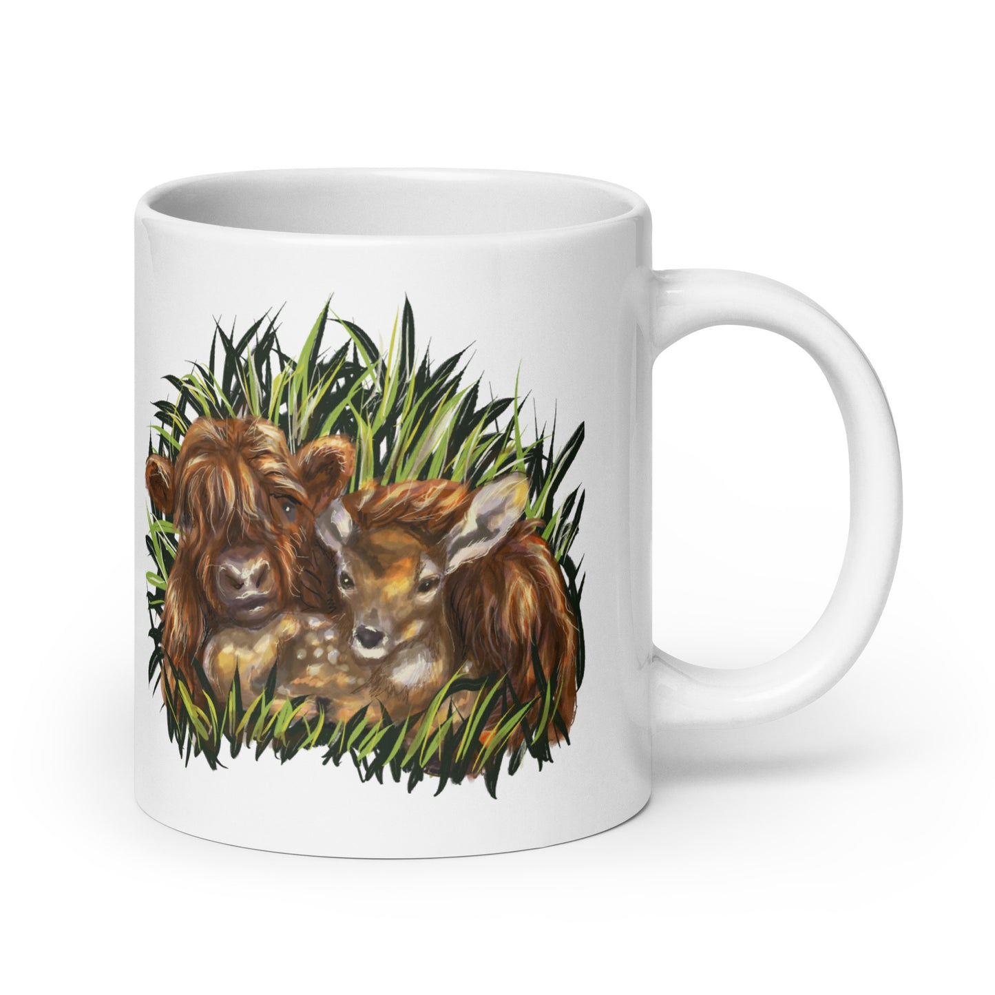 20 oz Highland Calf and Deer Fawn White glossy mug