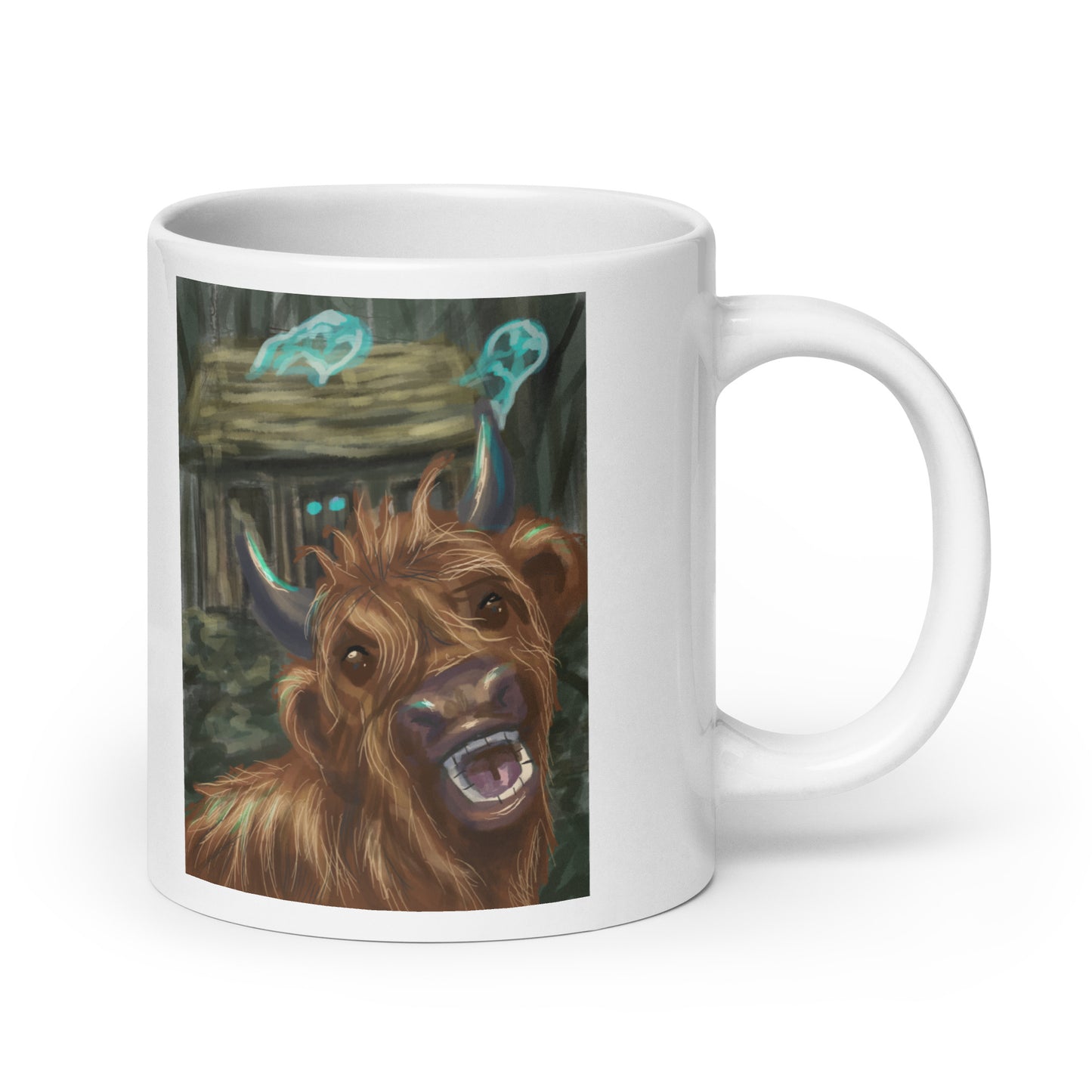 Haunted Shack and screaming Highland cow White glossy mug