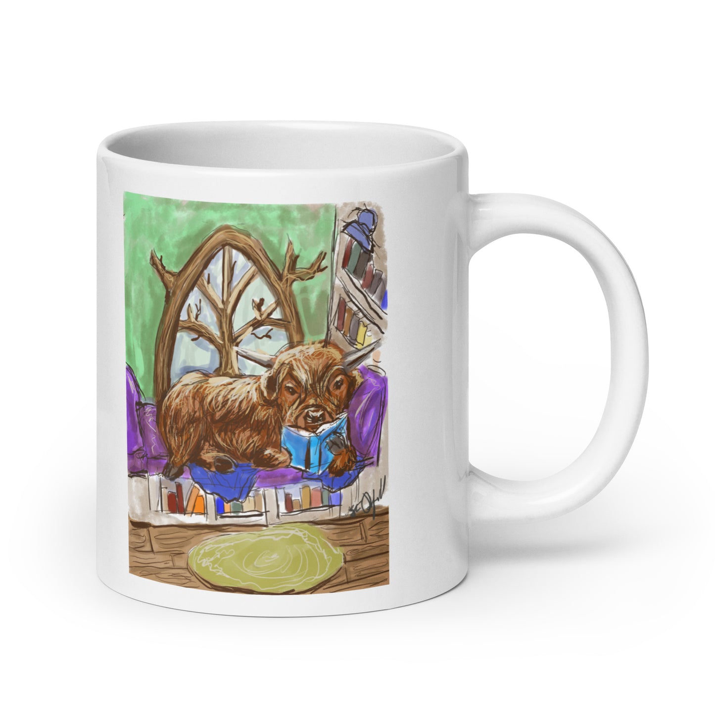 Highland Cow Reading in a book nook White glossy mug