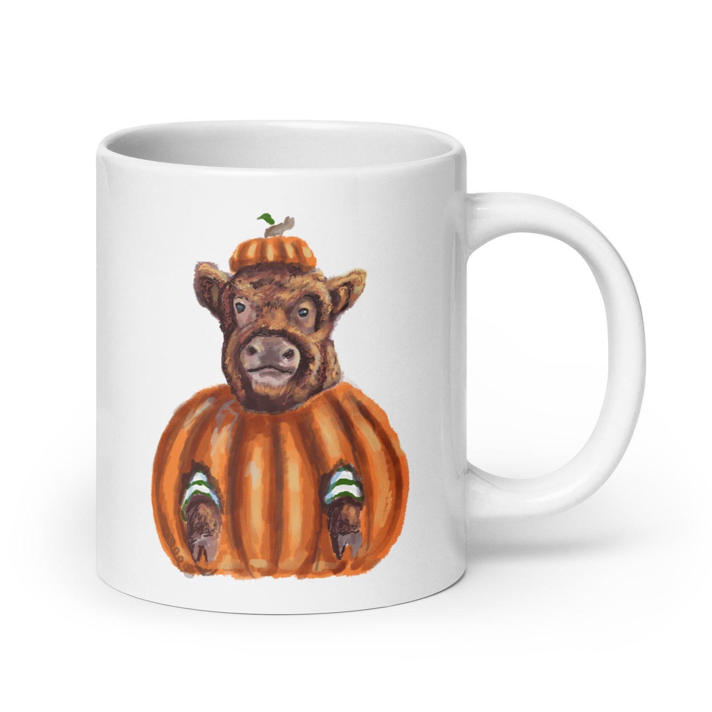 Highland Cow Dressed as Pumpkin White glossy mug