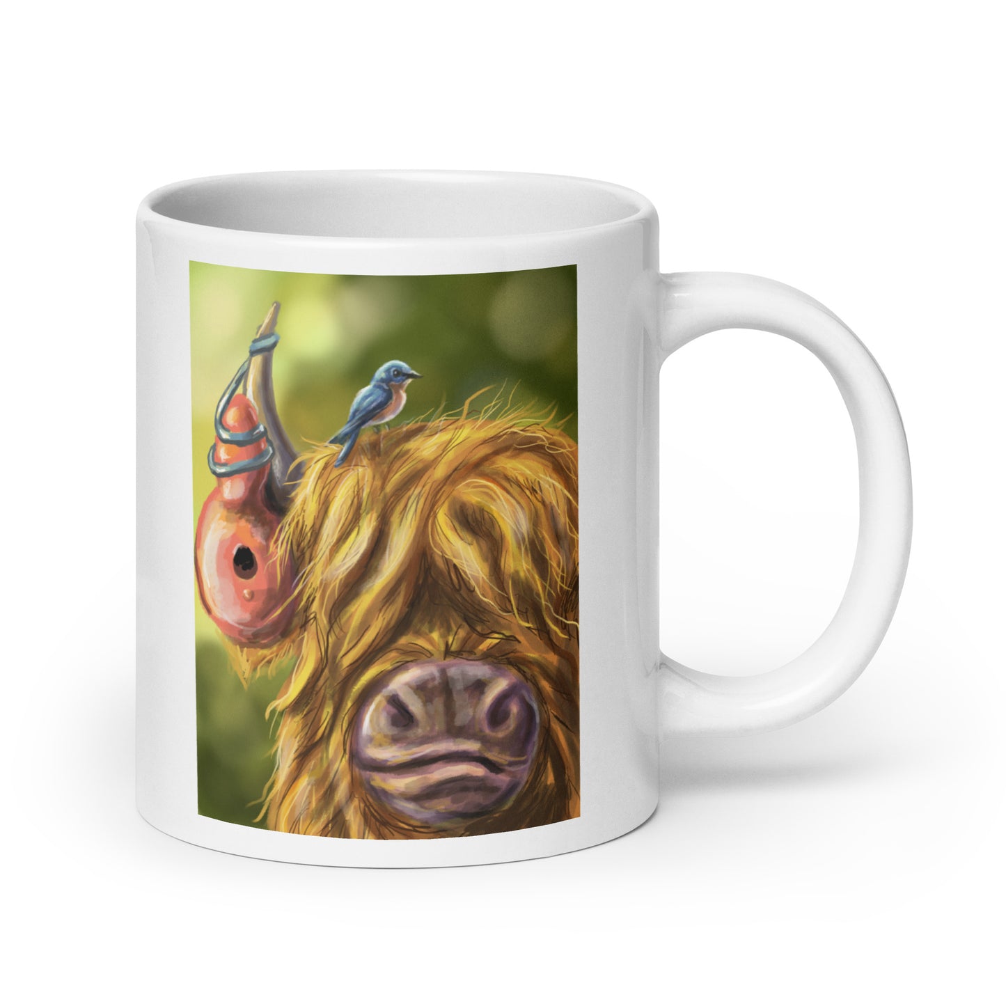 Highland Cow with Gourd and Eastern Bluebird White glossy mug