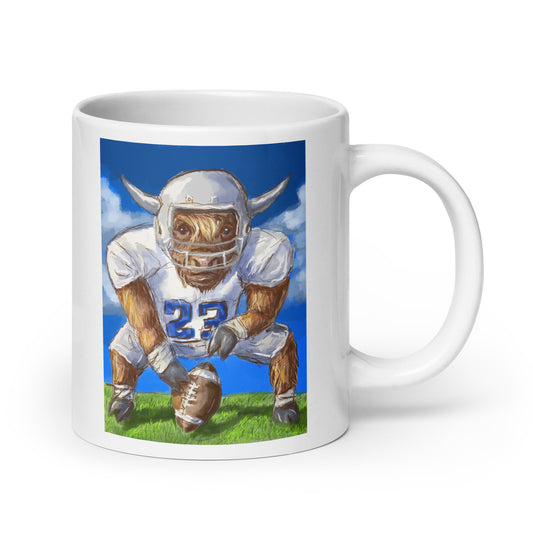 Highland Cow Playing Football White glossy mug