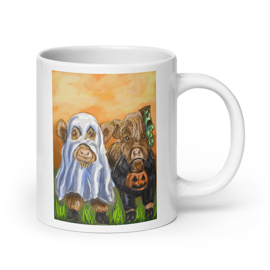 Highland Cows in Halloween Costumes White glossy mug