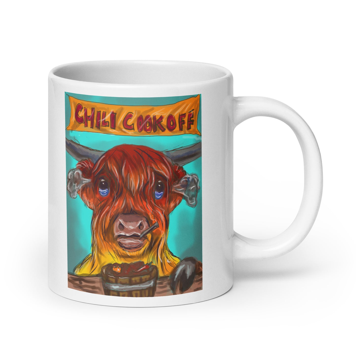 Highland Cow at a Chili Cook Off White glossy mug