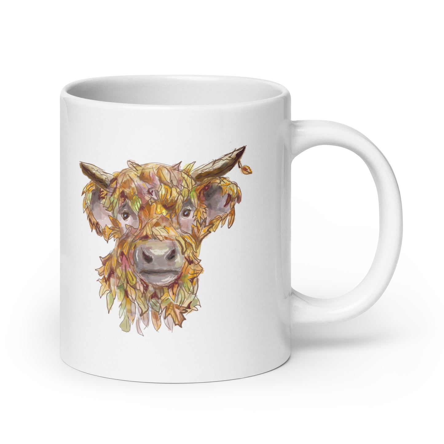 Highland Cow with Changing Leaves White glossy mug