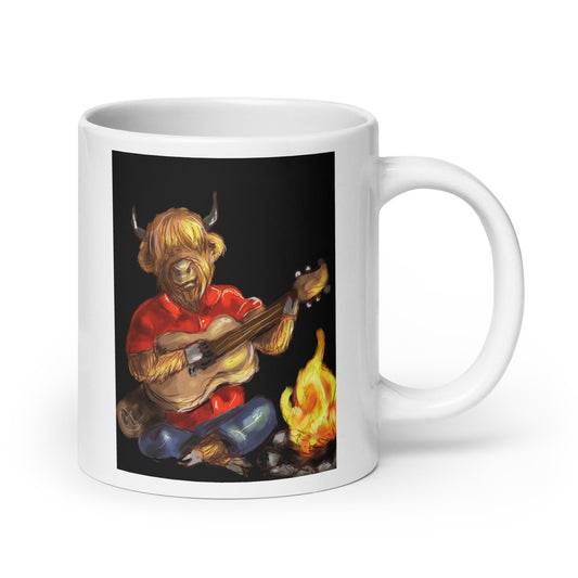 Highland Cow playing Guitar by Campfire White glossy mug
