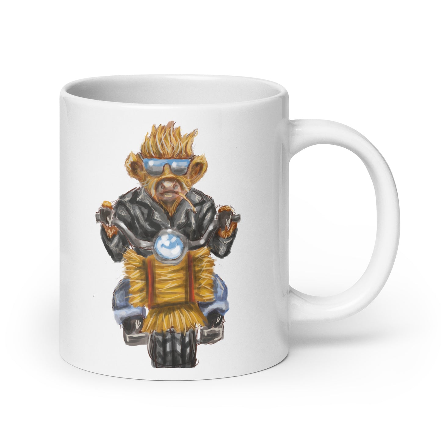 Highland Cow riding Motorcycle White glossy mug