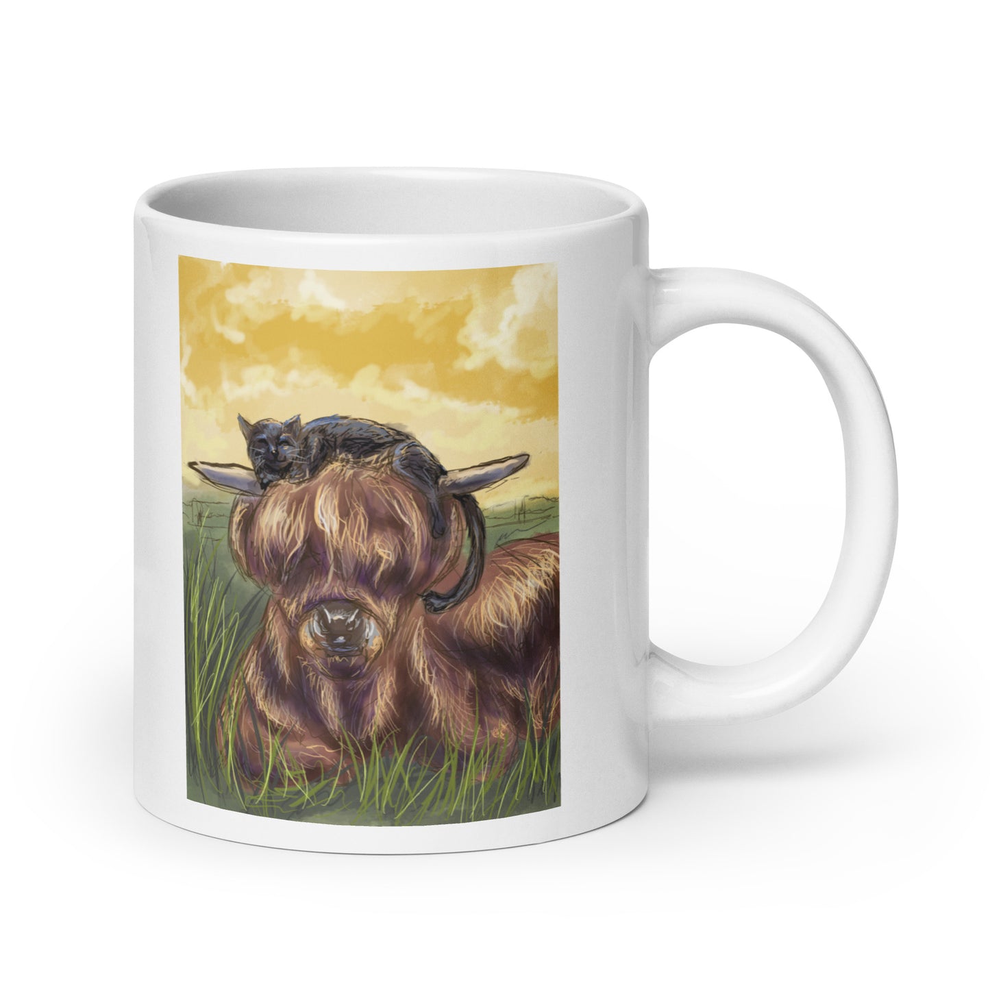 Highland Cow and Black Cat White glossy mug
