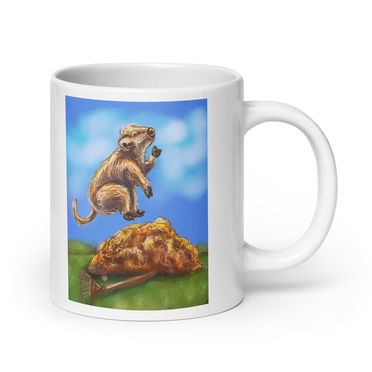 Highland Cow Jumping into a Pile of Leaves White glossy mug