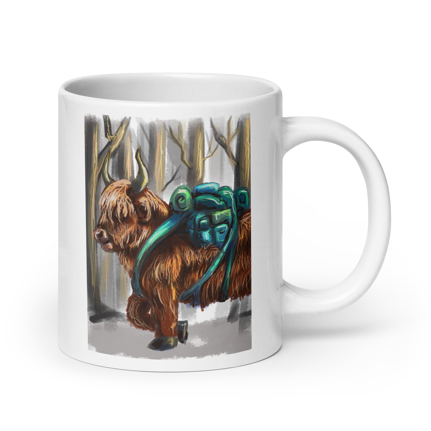 Highland Cow Hiking with Backpack White glossy mug