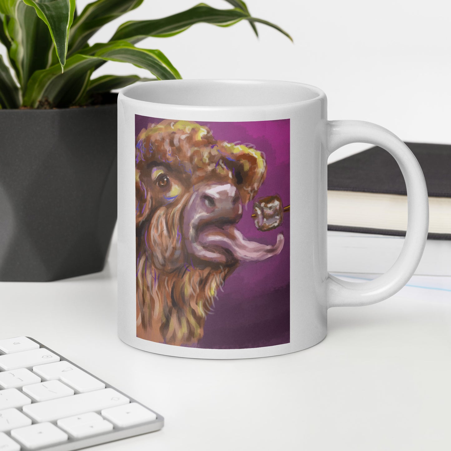 Highland Cow eating Roasted Marshmallow White glossy mug